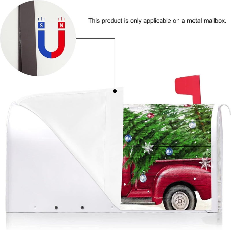Texupday Merry Christmas Red Truck Pine Tree Decoration Mailbox Cover With Magnetic Strip Winter Snowy Holiday Mailbox Wraps Post Letter Box Cover Standard Size 21" X 18" for Garden Outdoor Yard Decor - Image 3